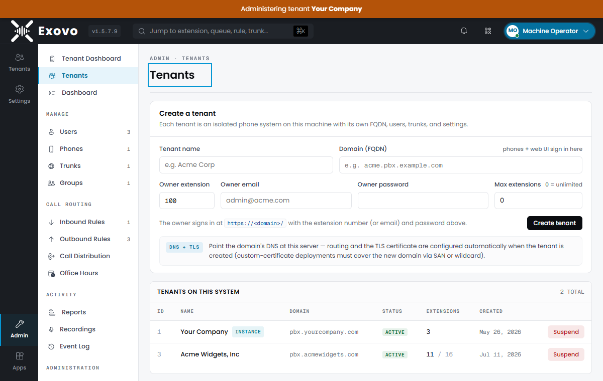 The Tenants page: the create form and the tenant list with lifecycle actions